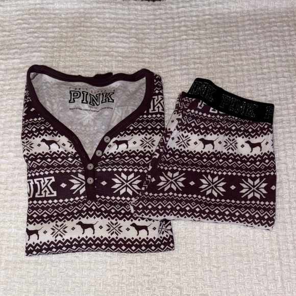 BNWOT PINK Victoria's Secret Girls Pajama Set - Burgundy and White - Picture 8 of 9